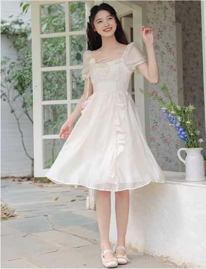 New Fashion Women White Floral Design A-Line Short Sleeves Dress TP3086