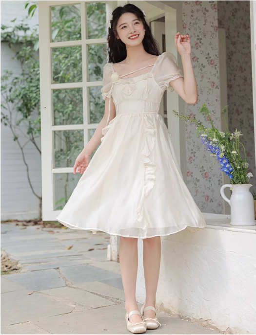 New Fashion Women White Floral Design A-Line Short Sleeves Dress TP3086