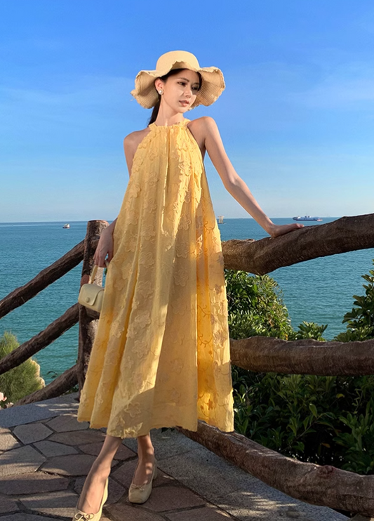 Simple Fashion Women Yellow Floral Design A-Line Halter Dress TP3087