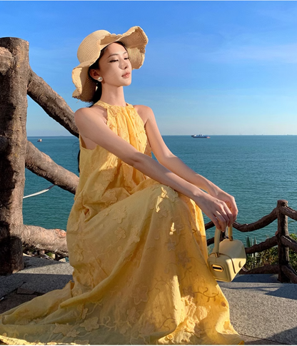 Simple Fashion Women Yellow Floral Design A-Line Halter Dress TP3087