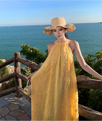 Simple Fashion Women Yellow Floral Design A-Line Halter Dress TP3087