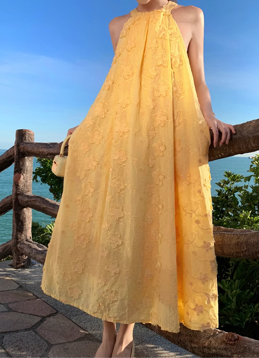 Simple Fashion Women Yellow Floral Design A-Line Halter Dress TP3087