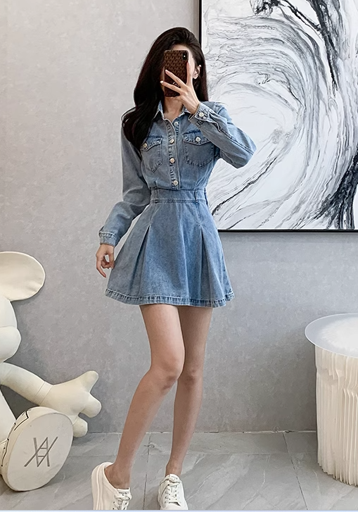 Vintage Fashion Design A-Line Long-sleeved Denim Dress TP3088