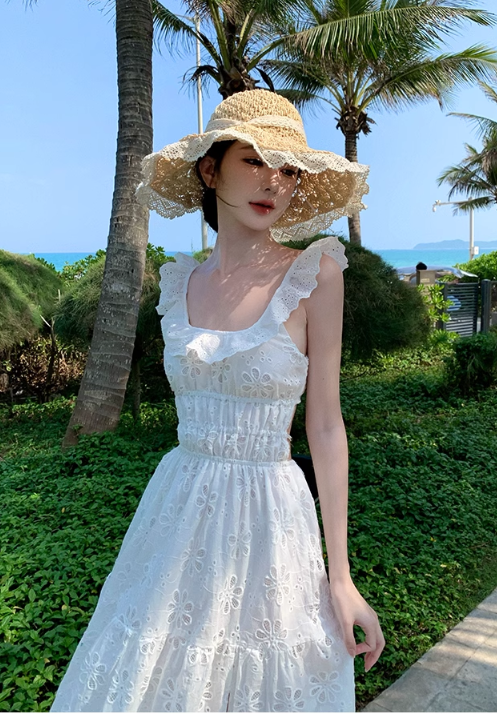 Simple Fashion White Floral Design Ruffled Collar A-Line Dress TP3089
