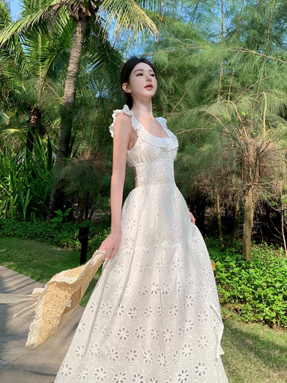 Simple Fashion White Floral Design Ruffled Collar A-Line Dress TP3089