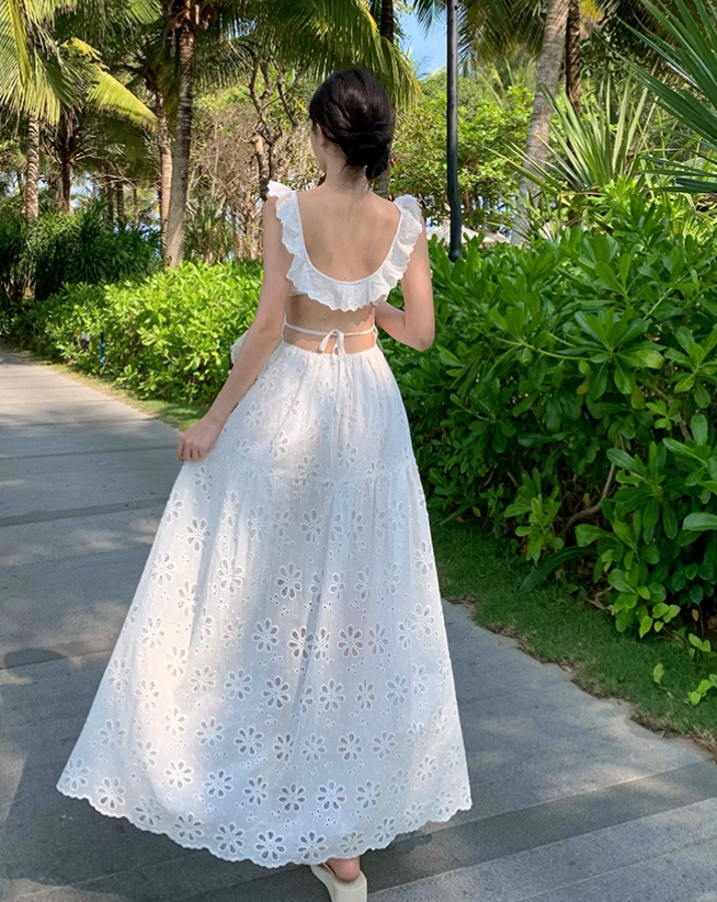 Simple Fashion White Floral Design Ruffled Collar A-Line Dress TP3089