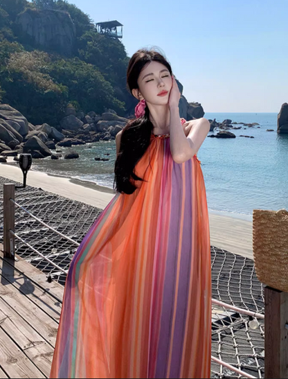 Simple Colorful  Striped Design Beach Holiday A-Line Halter Dress TP3090