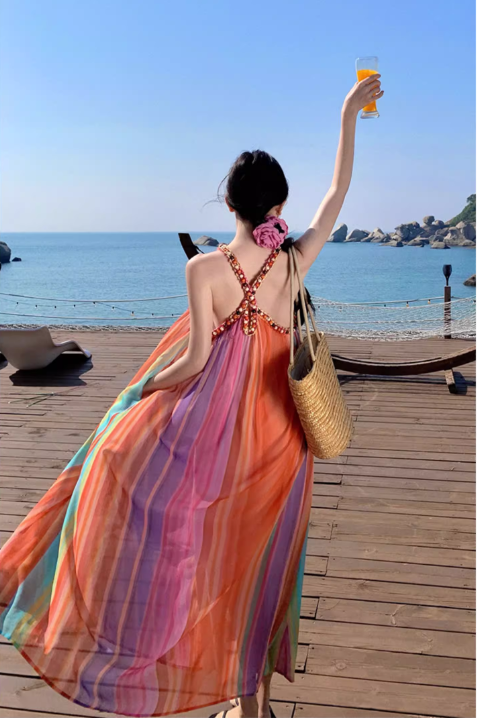 Simple Colorful  Striped Design Beach Holiday A-Line Halter Dress TP3090