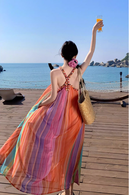 Simple Colorful  Striped Design Beach Holiday A-Line Halter Dress TP3090