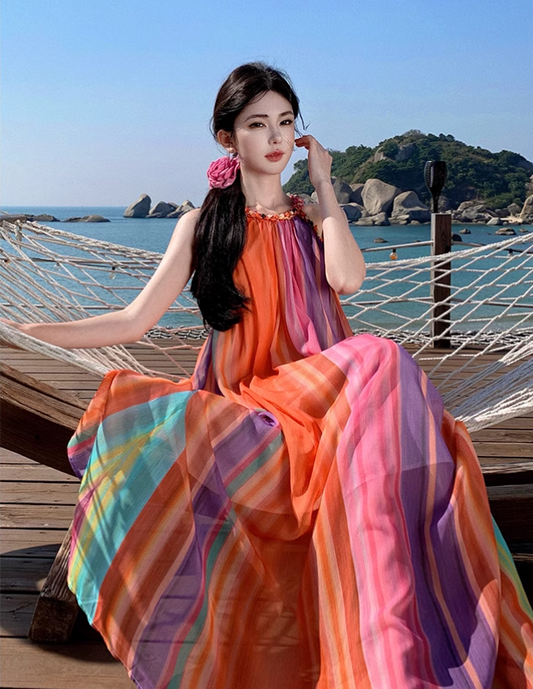 Simple Colorful  Striped Design Beach Holiday A-Line Halter Dress TP3090