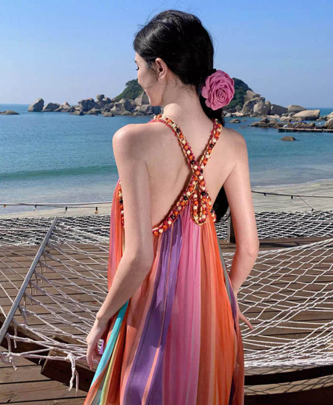Simple Colorful  Striped Design Beach Holiday A-Line Halter Dress TP3090