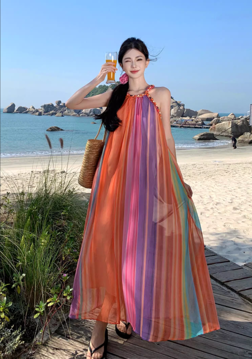 Simple Colorful  Striped Design Beach Holiday A-Line Halter Dress TP3090