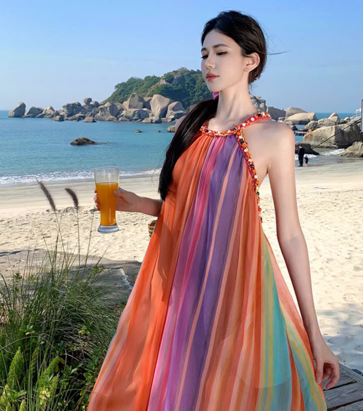 Simple Colorful  Striped Design Beach Holiday A-Line Halter Dress TP3090