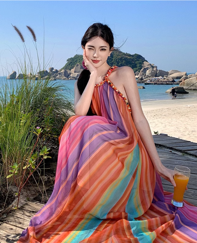Simple Colorful  Striped Design Beach Holiday A-Line Halter Dress TP3090