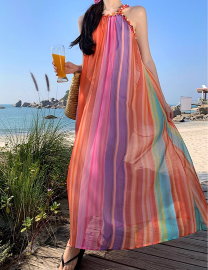 Simple Colorful  Striped Design Beach Holiday A-Line Halter Dress TP3090