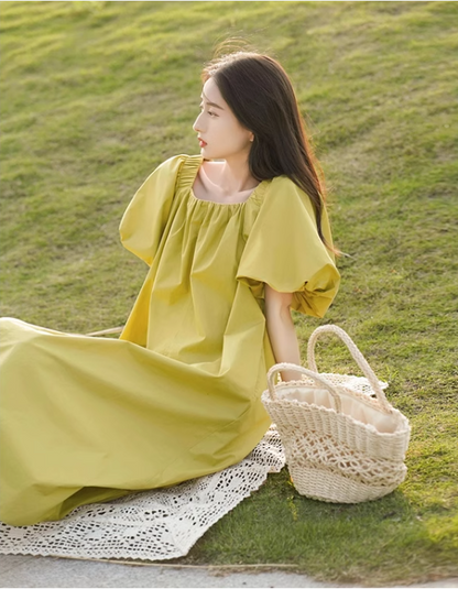 Simple Puffy Short Sleeves Green A-Line Square Neckline Women Dress TP3136