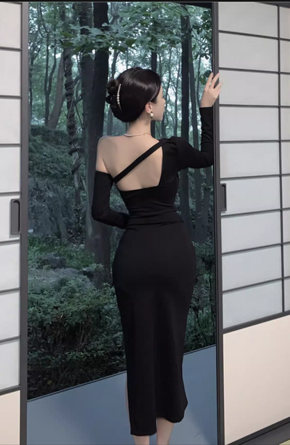 Vintage Elegant Asymmetric Design A-Line Split Long-sleeved Dress TP3138