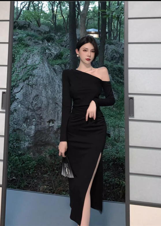 Vintage Elegant Asymmetric Design A-Line Split Long-sleeved Dress TP3138