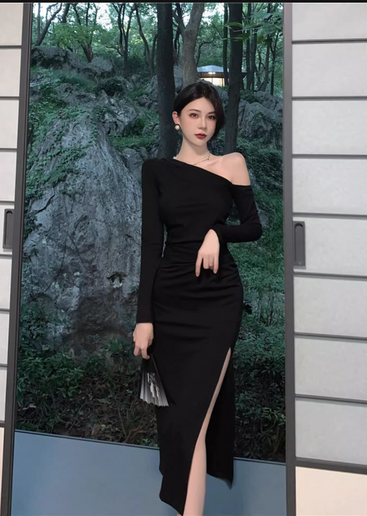 Vintage Elegant Asymmetric Design A-Line Split Long-sleeved Dress TP3138