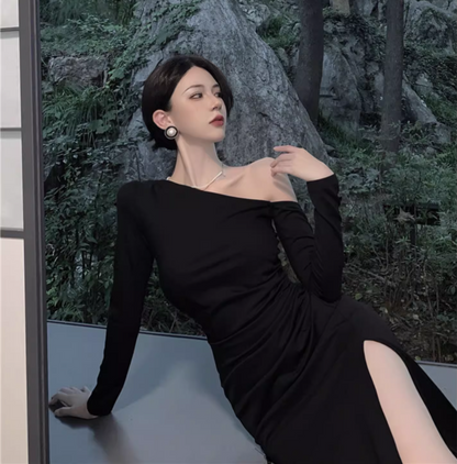 Vintage Elegant Asymmetric Design A-Line Split Long-sleeved Dress TP3138