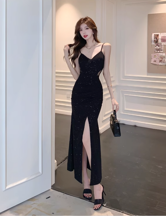 Vintage Elegant Black V-neck Black Design A-Line Sleeveless Strap Dress TP3141