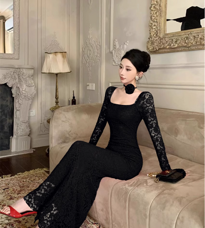 Vintage Fashion Black Square Collar Design Black A-Line Mermaid Long-sleeved Dress TP3142