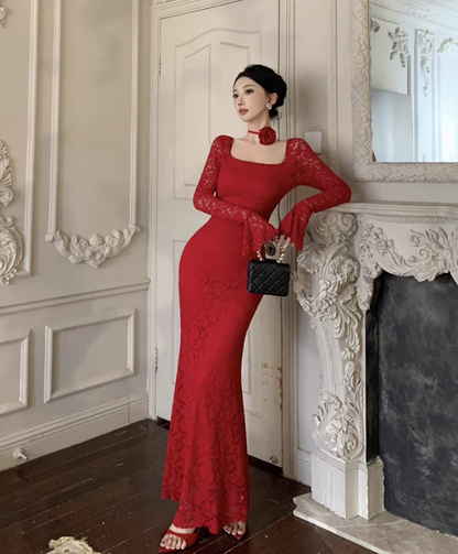 Vintage Fashion Black Square Collar Design Black A-Line Mermaid Long-sleeved Dress TP3142
