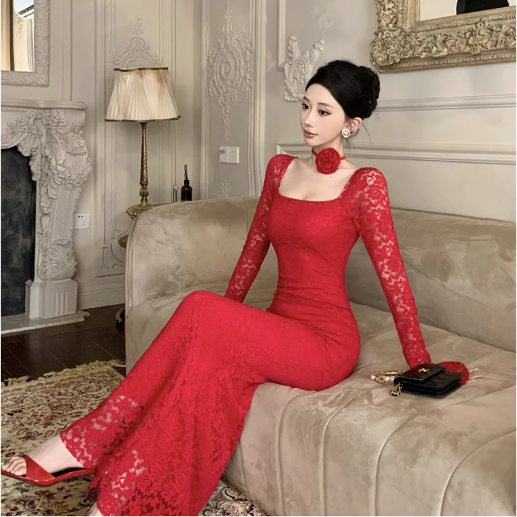 Vintage Fashion Black Square Collar Design Black A-Line Mermaid Long-sleeved Dress TP3142