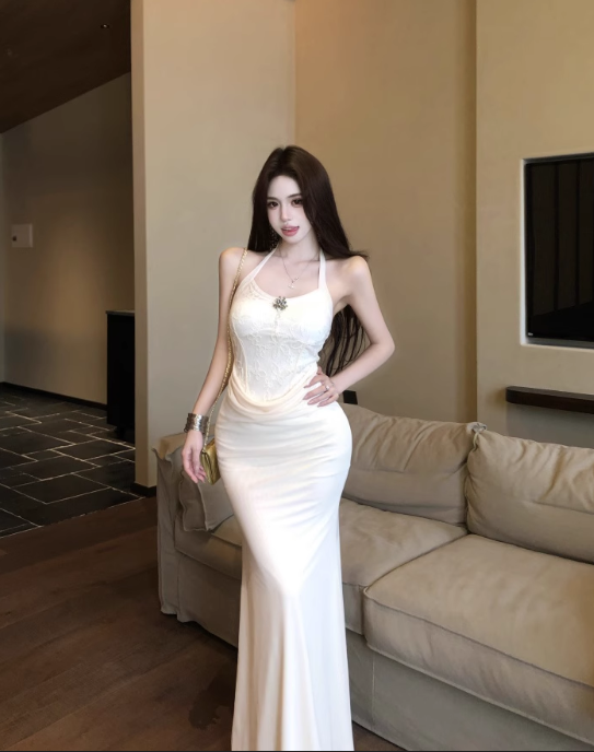 Simple Fashion Design Apricot A-Line Slim Women Halter Dress TP3144