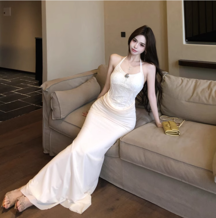 Simple Fashion Design Apricot A-Line Slim Women Halter Dress TP3144