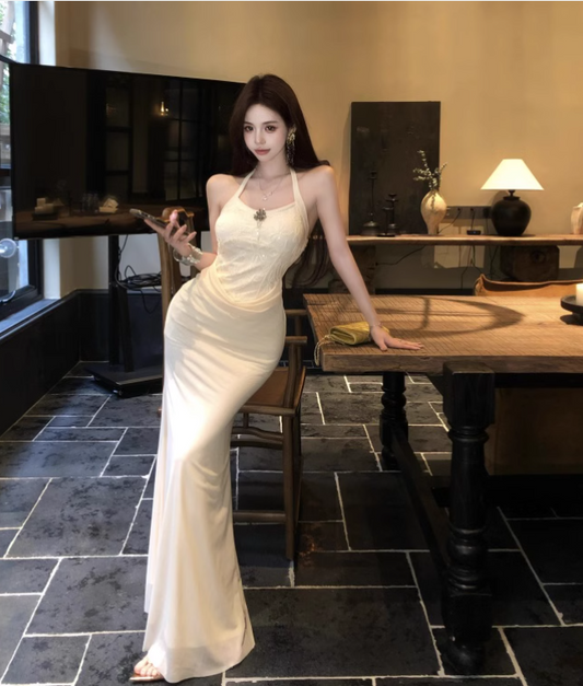 Simple Fashion Design Apricot A-Line Slim Women Halter Dress TP3144