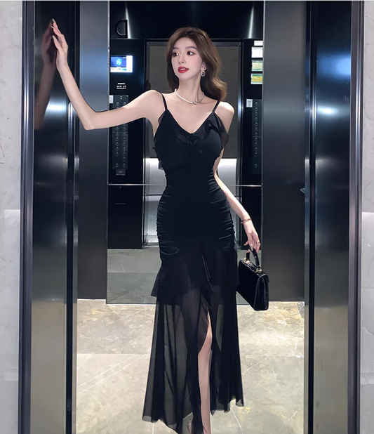 Vintage Irregular Design Black A-Line Mesh Women Spaghetti Strap Dress TP3147