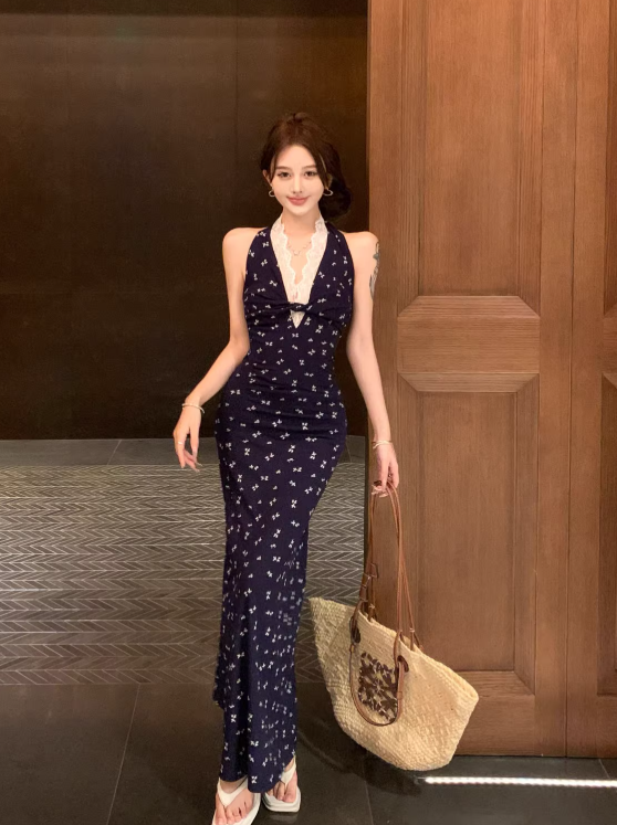 Simple Floral Design Navy Blue A-Line Women Beach Holiday Halter Dress TP3151