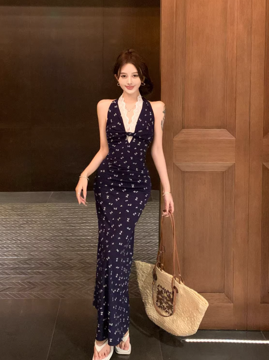 Simple Floral Design Navy Blue A-Line Women Beach Holiday Halter Dress TP3151