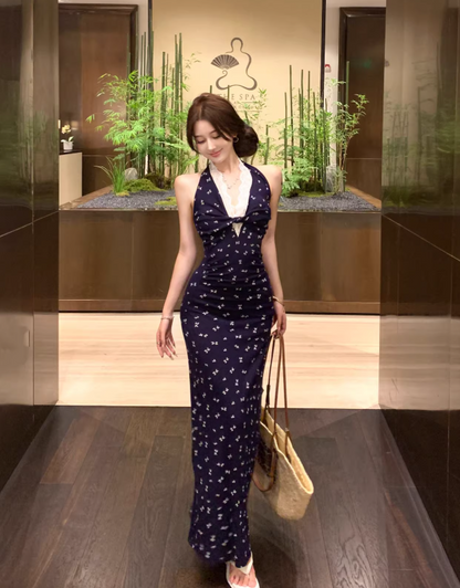 Simple Floral Design Navy Blue A-Line Women Beach Holiday Halter Dress TP3151