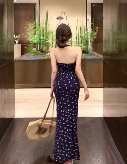 Simple Floral Design Navy Blue A-Line Women Beach Holiday Halter Dress TP3151