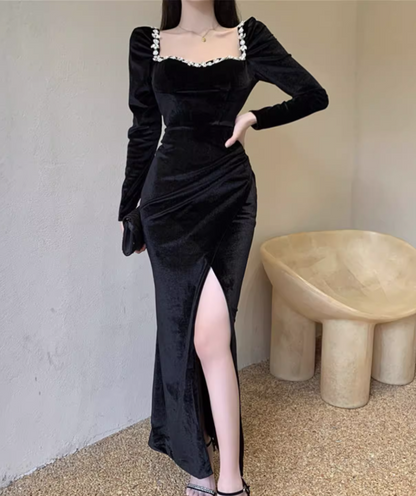 Simple Elegant Square Collar Beading Design Black Wool A-Line Long-sleeved Dress TP3152