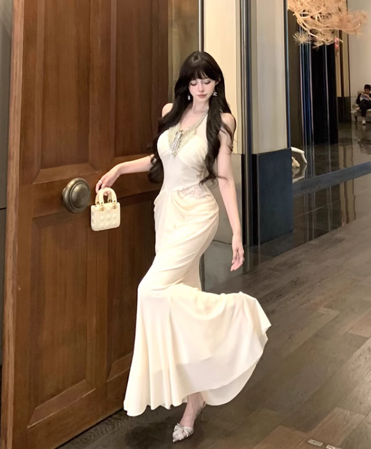 Elegant Beading Design Beige A-Line Long Banquet Halter Dress TP3155