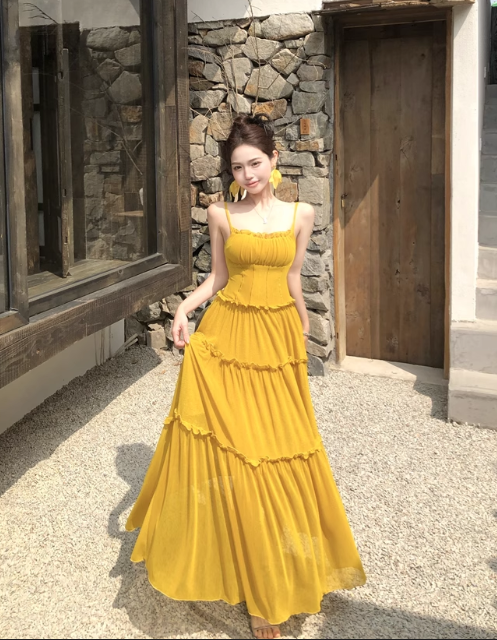 Simple Fashion Ruffled Design Yellow A-Line Long Spaghetti Strap Dress TP3157