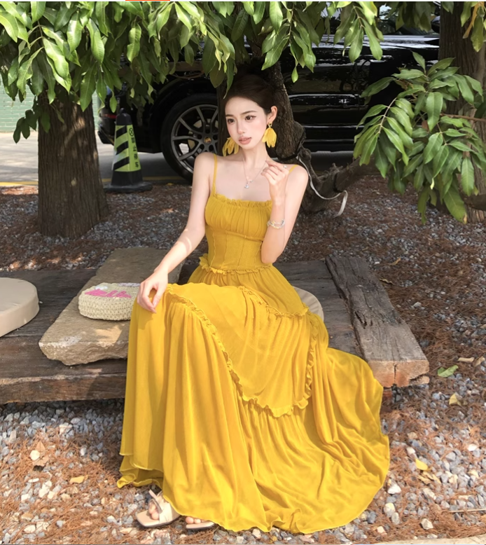 Simple Fashion Ruffled Design Yellow A-Line Long Spaghetti Strap Dress TP3157