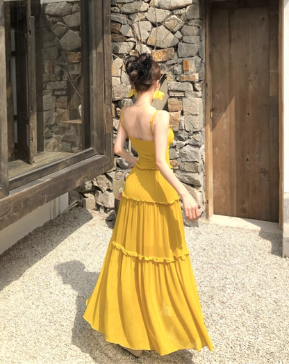Simple Fashion Ruffled Design Yellow A-Line Long Spaghetti Strap Dress TP3157