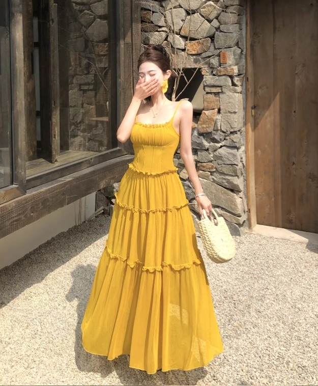 Simple Fashion Ruffled Design Yellow A-Line Long Spaghetti Strap Dress TP3157
