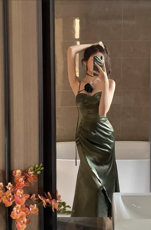 Simple Floral Design Elegant Green A-Line Slim Long Spaghetti Strap Dress TP3159