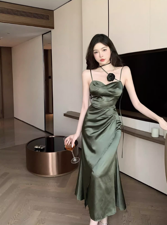 Simple Floral Design Elegant Green A-Line Slim Long Spaghetti Strap Dress TP3159
