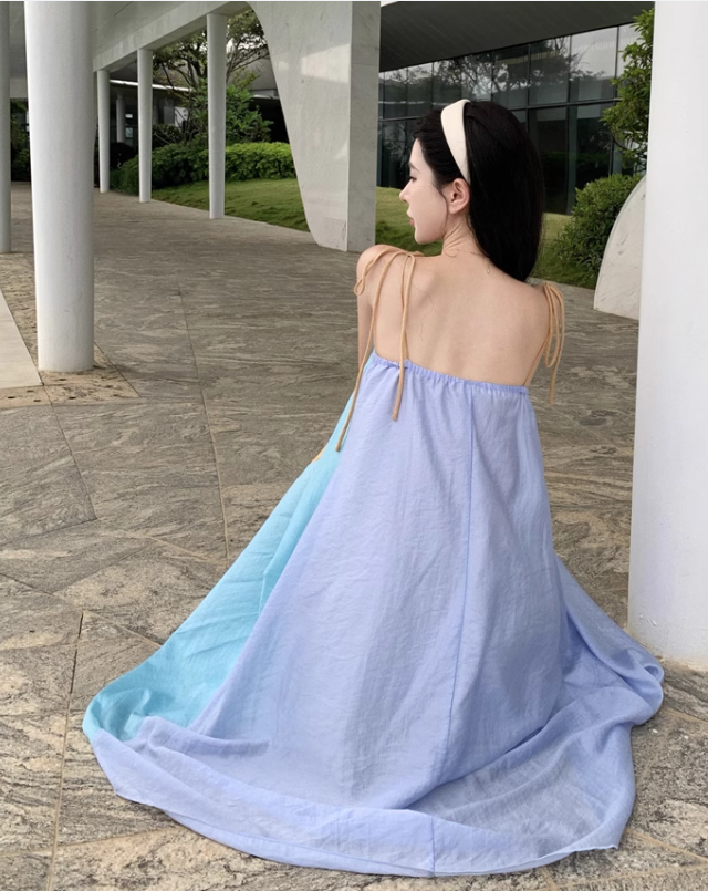 Simple Multi-color Splicing Design A-Line Casual V-neck Spaghetti Strap Dress TP3160