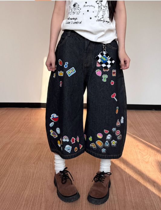 New Fashion Street-style Interesting Pattern Design Loose-fitting  Casual Cropped Pants TP3216