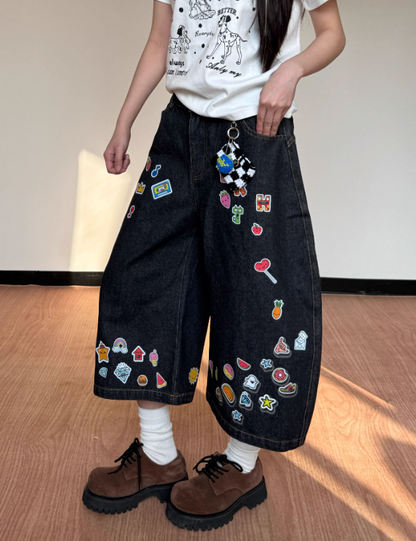 New Fashion Street-style Interesting Pattern Design Loose-fitting  Casual Cropped Pants TP3216