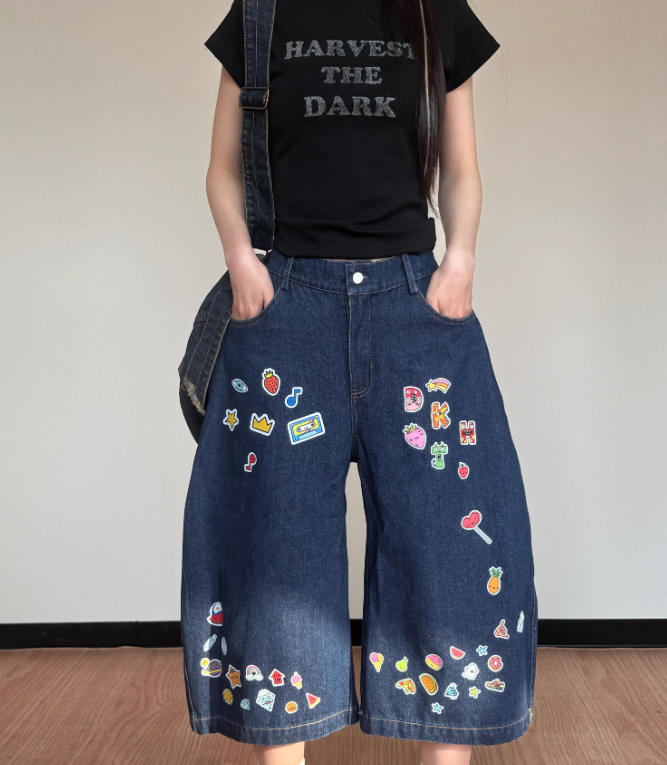 New Fashion Street-style Interesting Pattern Design Loose-fitting  Casual Cropped Pants TP3216