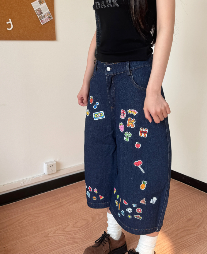 New Fashion Street-style Interesting Pattern Design Loose-fitting  Casual Cropped Pants TP3216