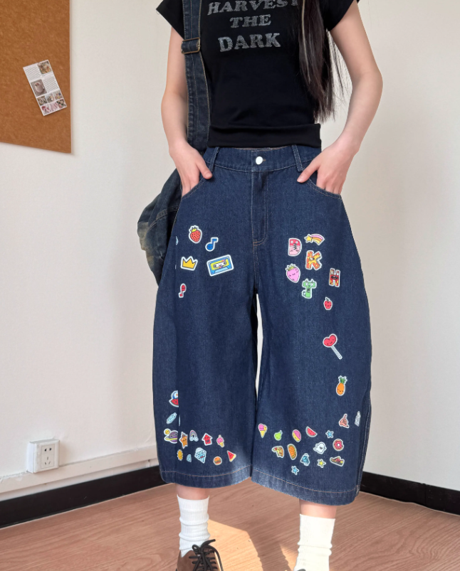 New Fashion Street-style Interesting Pattern Design Loose-fitting  Casual Cropped Pants TP3216